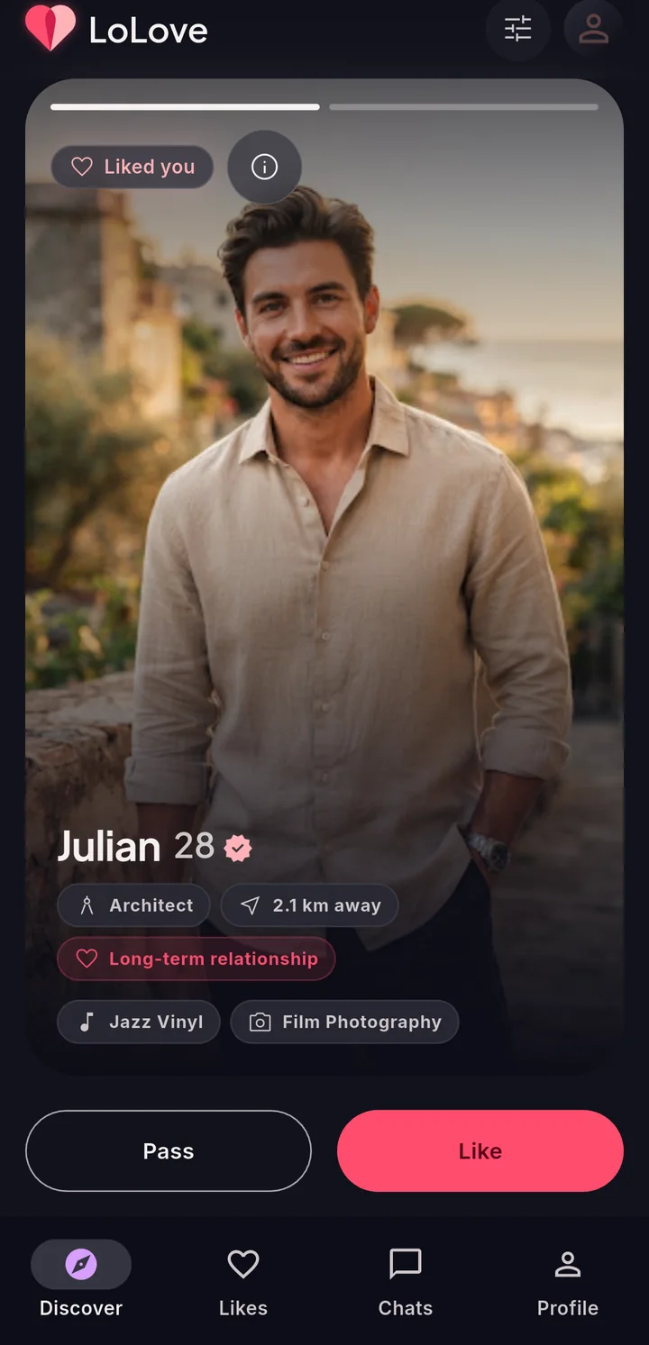 A LoLove profile card for Julian, 28, an architect 2.1 km away, marked as having liked you.