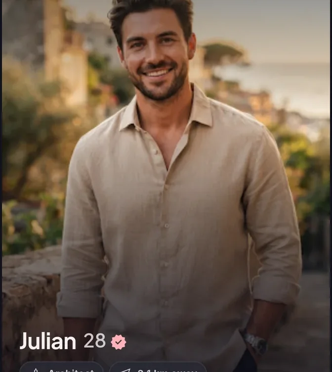 Julian's profile card, with the verified badge beside his name.